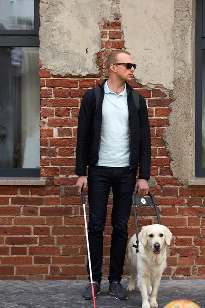 portrait of young caucasian blind man with dog guide
