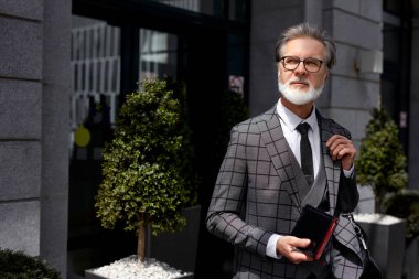 Zarif takım elbiseli ciddi ve otoriter kıdemli işadamının portresi.