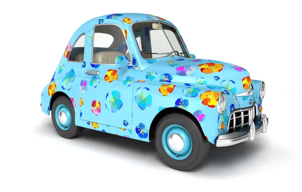 Coche Dibujos Animados Azul Con Estampado Flores Ilustración — Foto de Stock