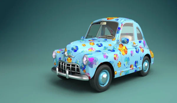 Carro Dos Desenhos Animados Com Impressão Flores Ilustração — Fotografia de Stock