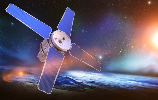 科幻卫星在地球的轨道上 Nasa 提供的这个图像的元素 — 图库照片