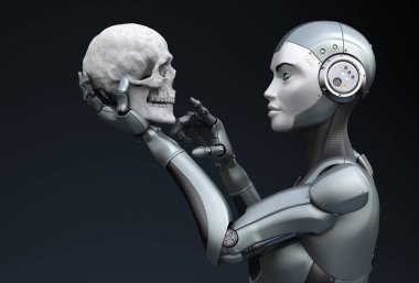 Elinde insan kafatası ile robot. 3D çizim