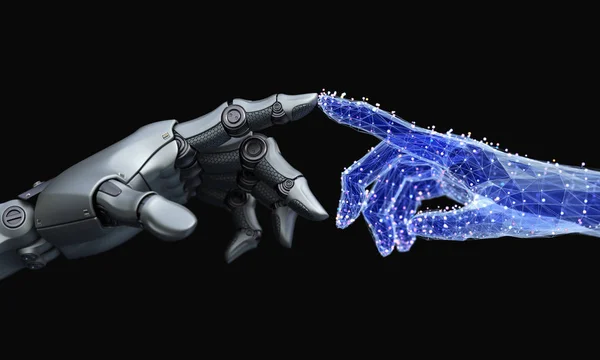 Mão Robô Toca Mão Virtual Feita Rede Ilustração — Fotografia de Stock