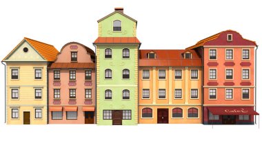 Eski Avrupa mimarisine stilize binalar. 3D çizim
