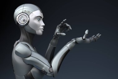 Robot elindeki bir şeye bakıyor.