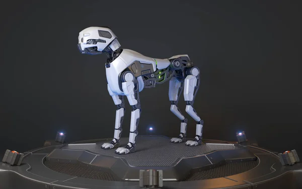 Робот собака стоїть на зарядці — стокове фото