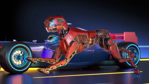 Red robot dog is racing with sport car