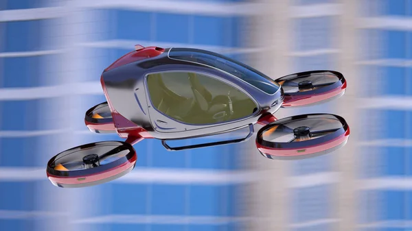 Electric Passenger Drone flying in front of buildings. — Stock Photo, Image