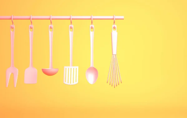 Pink Kitchenware on yellow background — Stock Photo, Image
