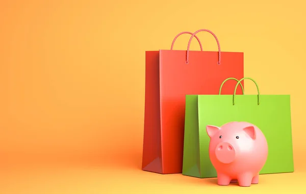 Dois sacos de compras e banco porquinho — Fotografia de Stock
