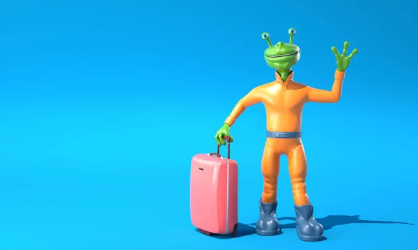 Green alien with luggage — Stock Photo, Image