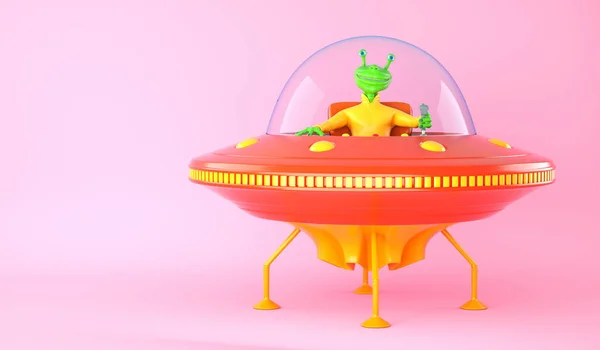 Illustration of UFO with green alien on pink background — Stock Photo, Image