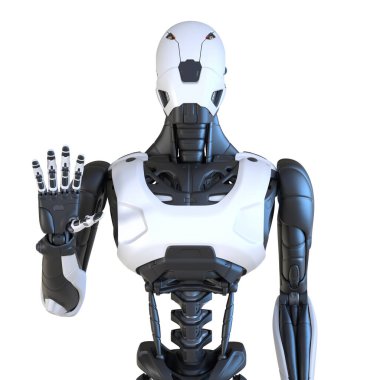 Robot eliyle hareket ediyor. Beyazda izole edilmiş. 3B illüstrasyon