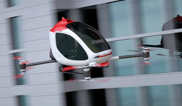 Electric Passenger Drone Flying Front Buildings Model Doesn Exist Real — Stock Photo, Image