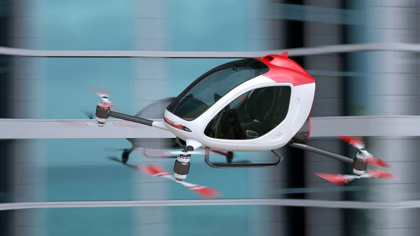Binaların Önünde Uçan Elektrikli Yolcu Uçağı Bir Boyutlu Model Gerçek — Stok fotoğraf