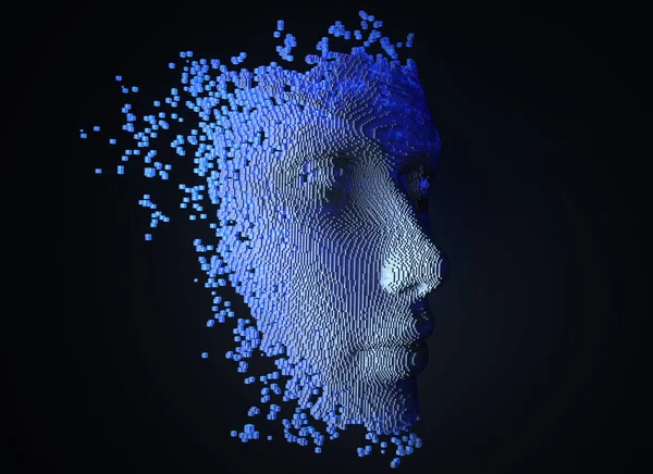 Face consisting of blocks. Artificial intelligence concept. 3D illustration