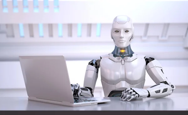 人形机器人坐在桌子后面 猎头办公室经理 3D插图 — 图库照片