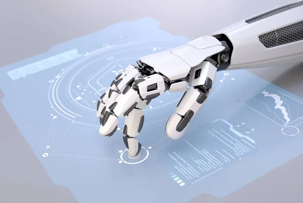 Robot's hand working with futuristic touchscreen. 3D illustration