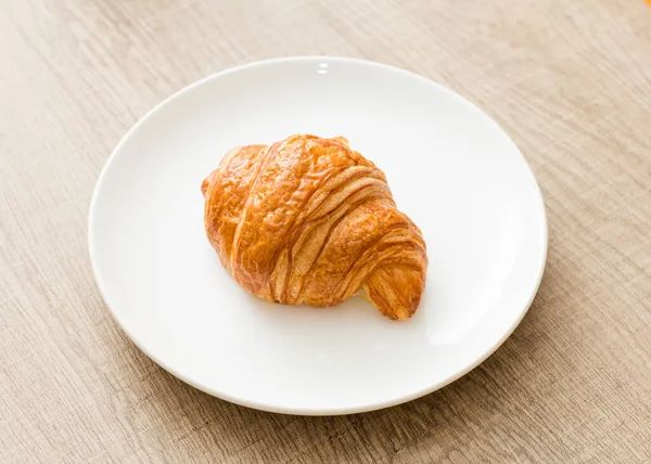 Matplatta Med Croissant Dish Visar Brödbulle Rustika Träbord — Stockfoto