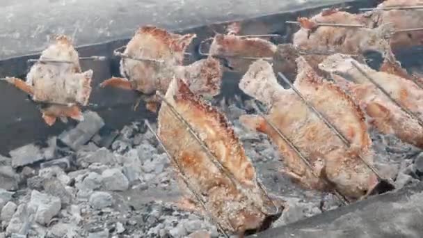 Tuz Ile Izgara Nar Balık Tay Stilleri Pişirme — Stok video