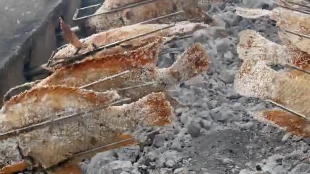 Tuz Ile Izgara Nar Balık Tay Stilleri Pişirme — Stok video