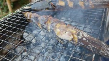 Mangalda kızartılmış yayın balığı dumanla dolu..