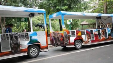 Nakhon Ratchasima, Tayland Ekim, 20-2018: insanlarla yolculuk Nakhon Ratchasima Hayvanat Bahçesi'nde yaban hayatı ziyaret etmek için servis araba.
