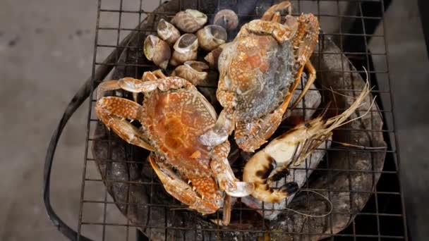 Grillé Crevettes Crustacés Crabes Sur Grille Cuisinière Cuisson Des Fruits — Video