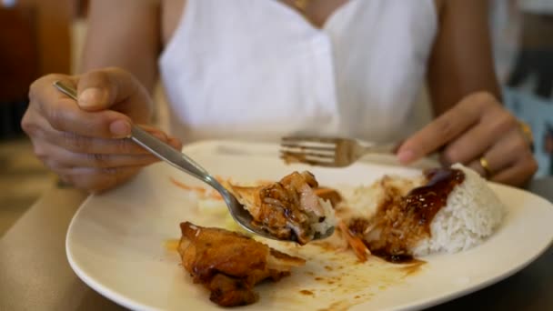 Young Asia Women Eating Chicken White Plate — Stock Video