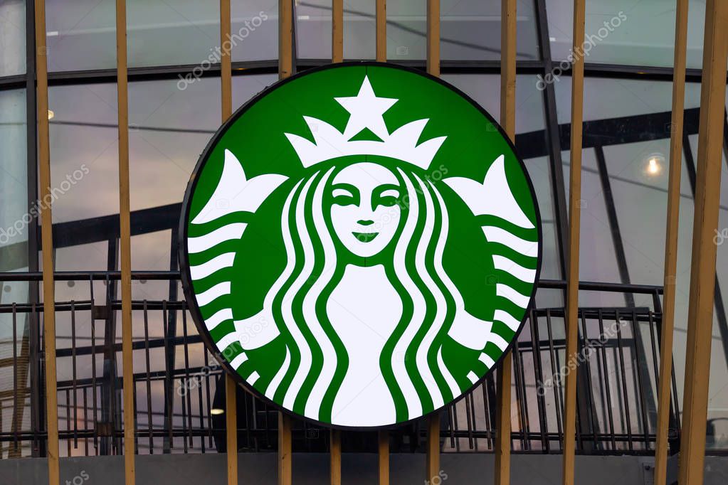 Bangkok ,Thailand - March 10, 2019 : Starbucks Coffee Shop Famous Branches in Thailand. Morning View.  Close-Up of Logo Starbucks.