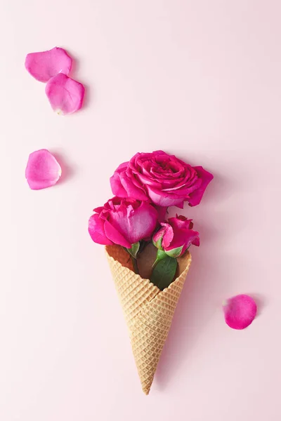 Pink Roses Wafer Ice Cream Cone — Stock Photo, Image