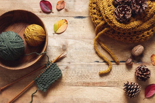 在秋叶和松果之间用木制针和纱编织的一块 — 图库照片