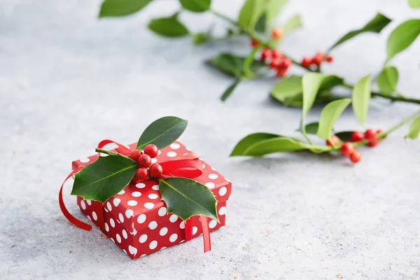 Christmas present wrapped with polka dot paper, and decorated with holly berries.