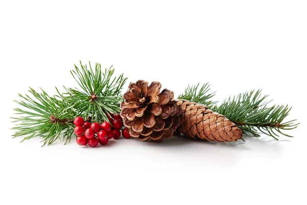 Kerstdecoratie Voor Holly Berry Pine Cone Witte Achtergrond — Stockfoto