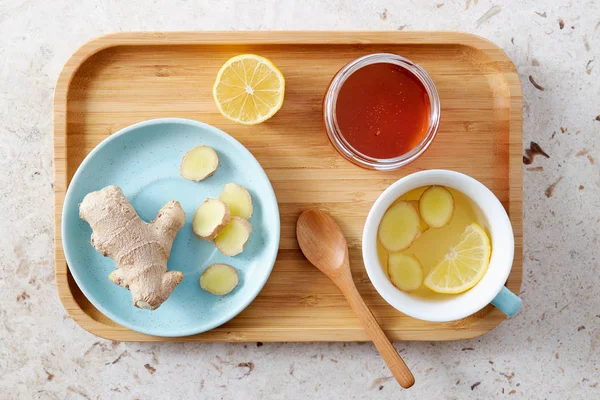 Lemon Ginger Tea Honey Wooden Tray Honey Lemon Tea Fresh — Stock Photo, Image