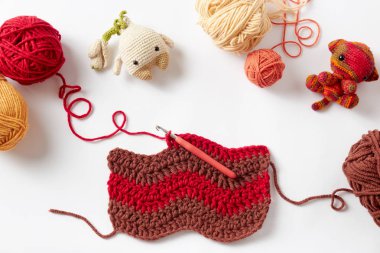 Kanca ve iplik, beyaz arka plan üzerinde renkli tığ işi proje.