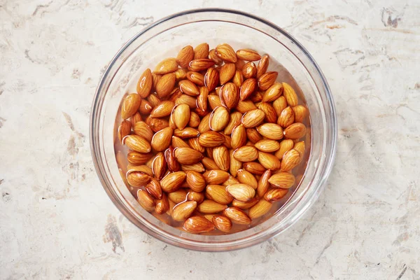 Soaking Almonds Water Almonds Being Softened Water Create Almond Milk — Stock Photo, Image