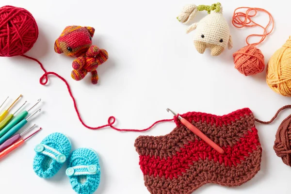 Colorful Crochet Project Hook Yarn White Background — Stock Photo, Image