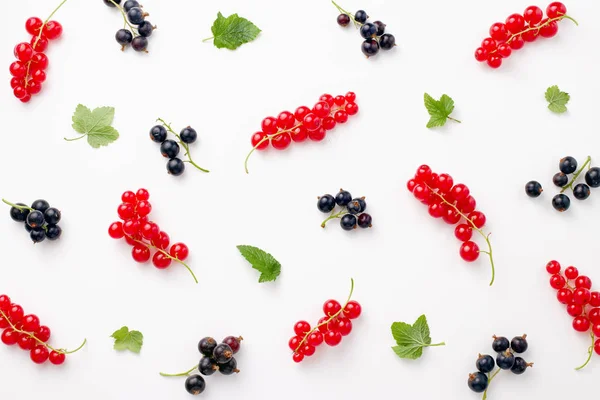 Red and black currants on white background