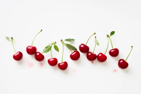 Bunch Fresh Cherries Leaves White Background — Stock Photo, Image