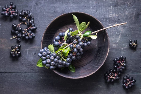Freshly Picked Homegrown Aronia Berries Wooden Bowl — Stock Photo, Image