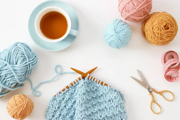Knitting Project Progress Piece Knitting Ball Yarn Knitting Needles — Stock Photo, Image