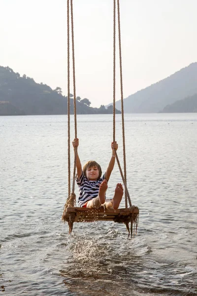 Ten Years Old Boy Waving Swing Sea Summer Tropical Beach — Stock Photo, Image