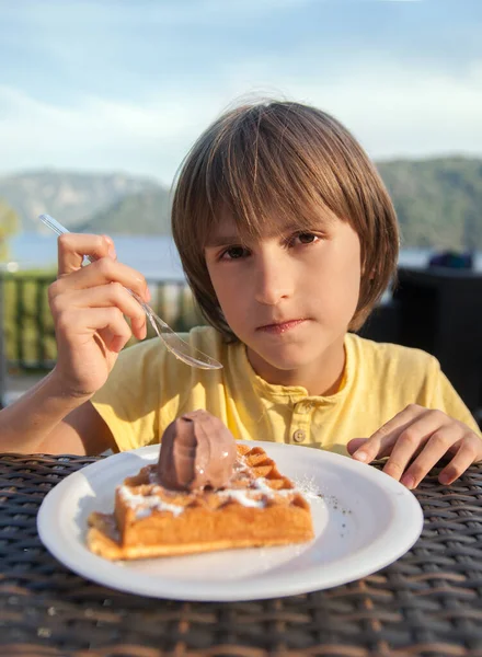 Boy Eats Waffles Ice Cream Open Air — Stock Photo, Image