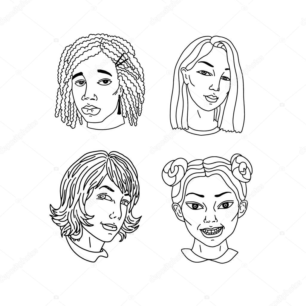 Faces of women of different nationalities, faiths and skin color. In the outline style on a white background. Fight for women's rights and equality. Template for a poster, banner, etc. Vector illustration.