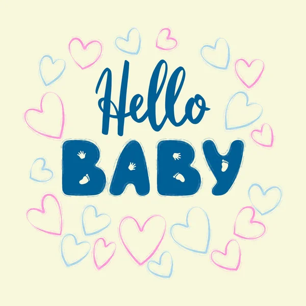 배경에 분홍색 파란색 심장을 Hello Baby 재생합니다 가사는 형식으로 포장지 — 스톡 벡터