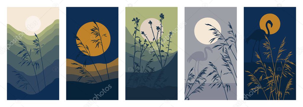 Set of abstract landscapes in fashionable colors. Flamingos, hills, grasses, moon, sunset. Background in a minimalist style. Vector illustrations for banners. postcards, pages in social networks.