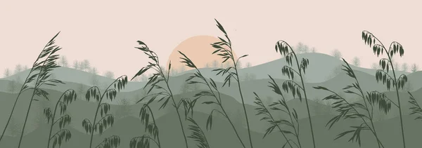 Темные Силуэты Травы Полевые Растения Против Ландшафта Холмами Векторная Иллюстрация — стоковый вектор