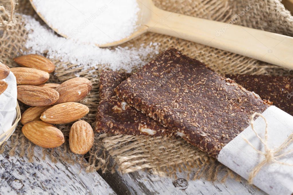 Ingredients for making tasty raw bars from fruits and nuts 