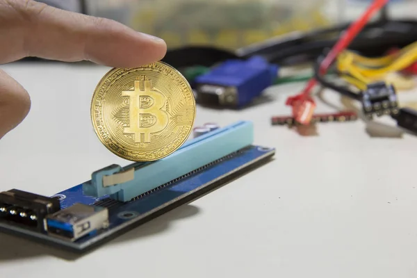 Close Hand Holding Golden Bitcoin — Stock Photo, Image